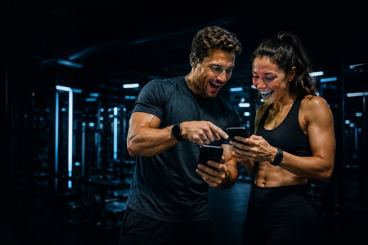 Two athletes comparing their health data on their phones after a workout, wearables on their wrists.